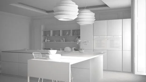 Total white project of modern kitchen furniture in classic room, old parquet, 스톡 일러스트