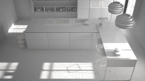 Total white project of modern kitchen furniture in classic room, old parquet, Stock Illustration
