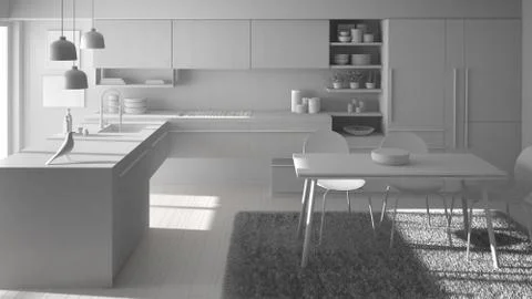 Total white project of modern minimalistic kitchen with dining table, carpet  Stock Illustration
