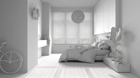 Total white project, panoramic minimalist bedroom with parquet, big window, h 스톡 일러스트
