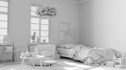 Total white project of scandinavian open space, bedroom with double bed and d Illustrazione stock