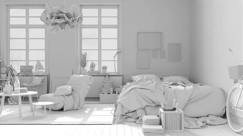 Total white project of scandinavian open space, bedroom with double bed and d Stock Illustration