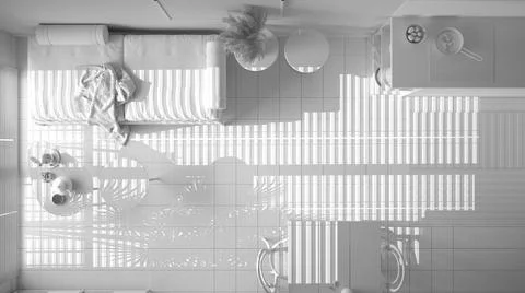 Total white project of sustainable kitchen and living room. Sofa, dining tabl 스톡 일러스트