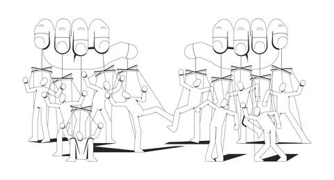 Totalitarianism manipulation with puppets strings line illustration concept Stock Illustration