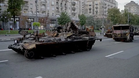 Totally destroyed russian technic on the Khreschatyk street in Kyiv 4K Video stock 205541258