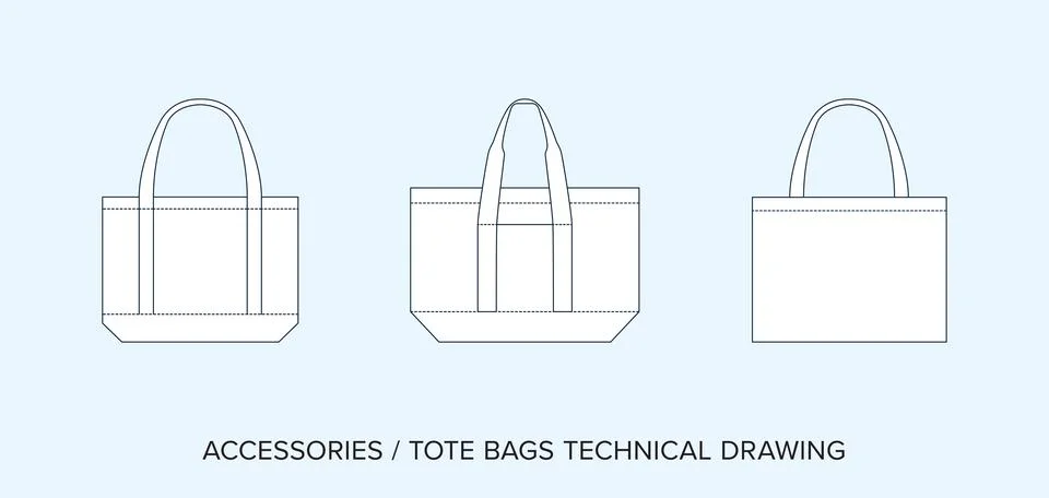 Tote Bags Technical Drawing Vector Set with Multi Style Canvas Bag Flat CAD Stock Illustration
