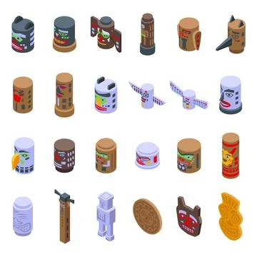 Totem icons set isometric vector. Stone aztec Illustrazione stock