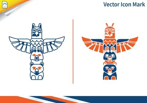 Totem pole with eagle and bear figures carved icons. Illustrazione stock