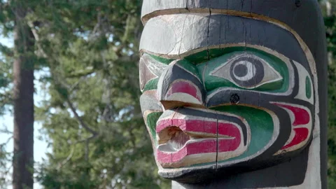Totem Pole Face Expression, Wooden Symbol Native Wood Carver Artistic Work Stock Footage 156785100