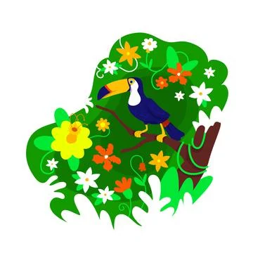 Toucan in foliage 2D vector web banner, poster Stock Illustration