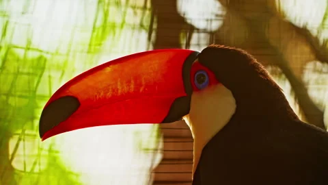 Toucan with a large orange beak sitting quietly on a tree branch close-up Stock Footage 305540359