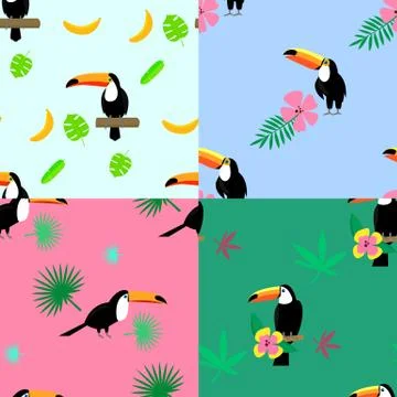 Toucan parrot pattern set, flat style Stock Illustration
