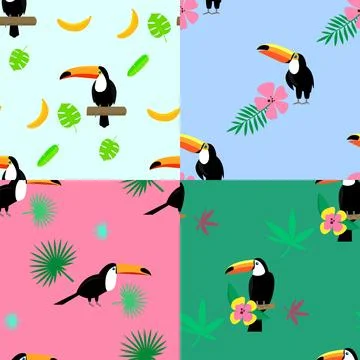 Toucan parrot pattern set, flat style Illustrazione stock