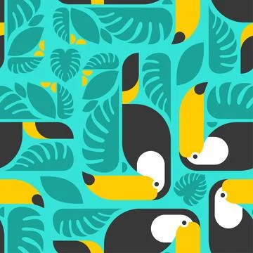 Toucan pattern seamless. tropical bird background. Toucans and Monstera textu Stock Illustration
