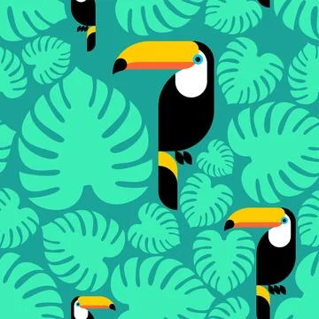 Toucan pattern seamless. tropical bird background. Toucans and Monstera textu 库存插图