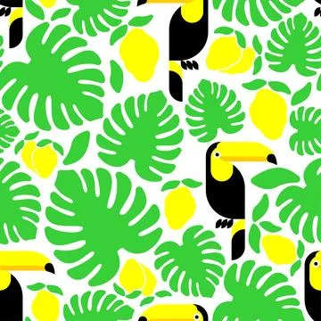 Toucan pattern seamless. tropical bird background. Toucans and Monstera textu 스톡 일러스트
