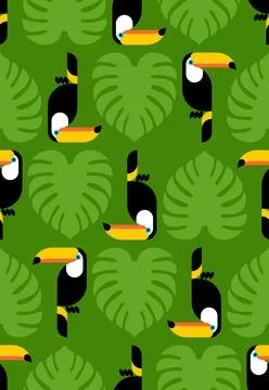 Toucan pattern seamless. tropical bird background. Toucans and Monstera textu 스톡 일러스트