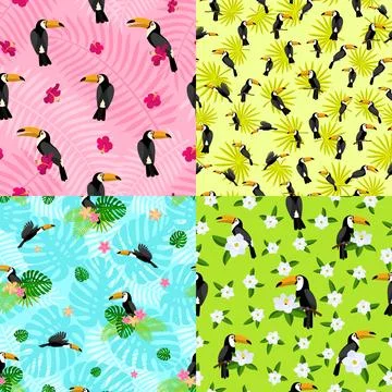 Toucan pattern set, flat style Stock Illustration