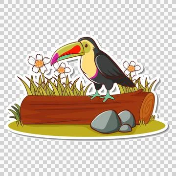 Toucan perched on log with flowers Ilustração Stock