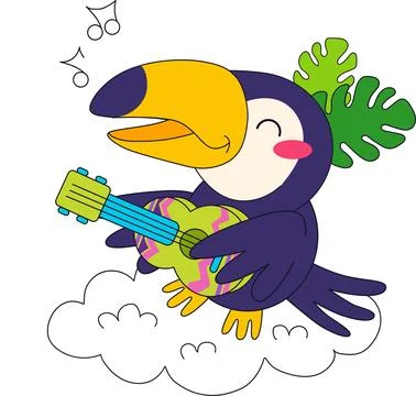 Toucan playing ukulele on white cloud outline vector cartoon character Stock Illustration