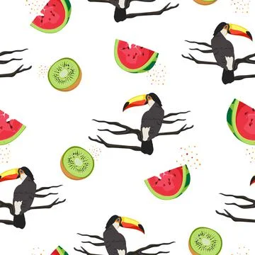 Toucan seamless pattern with watermelon and kiwi fruits. Illustrazione stock