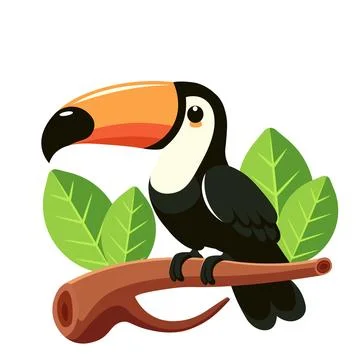 Toucan on tree branch isolated on white background flat illustration Illustrazione stock