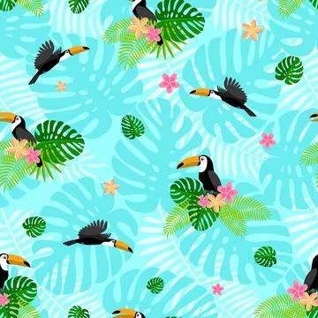Toucan tropical flower pattern, flat style 스톡 일러스트