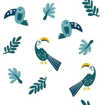 Toucans and leaves seamless pattern. Exotic birds and palm leaves. Tropical n Stock Illustration