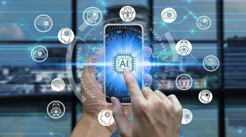 Touch Artificial Intelligence (AI) technology icon over the Network connectio Foto stock
