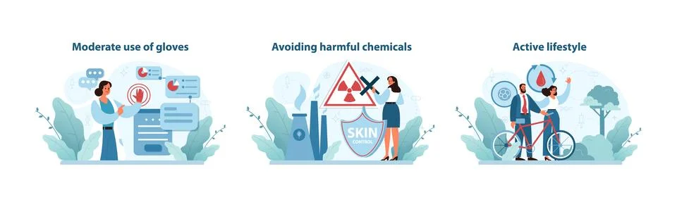 Touch care set. Practical tips for glove usage, chemical safety. Stock Illustration