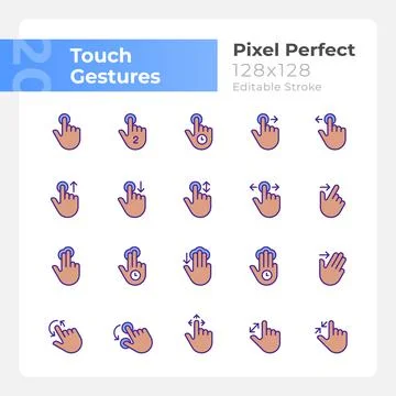 Touch control gestures pixel perfect RGB color icons set Stock Illustration