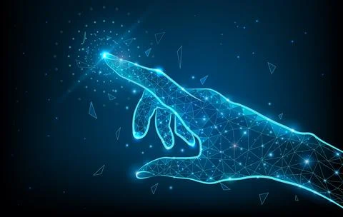 Touch the future low poly hand wireframe. Vector polygonal image in form of Stock Illustration