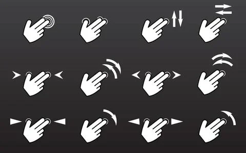 Touch gestures icons set with hands tap rotate press swipe Touch gestures ... Stock Photos