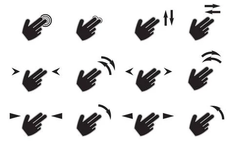 Touch gestures icons set with hands tap rotate press swipe isolated Touch ... Stock Photos
