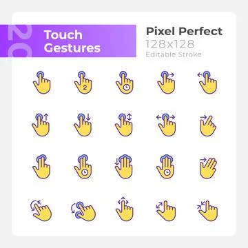 Touch gestures pixel perfect yellow RGB color icons set Stock Illustration