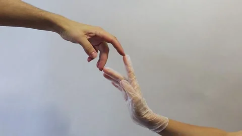 Touch in gloves, 2 doctor hands sterile, disinfection covid, blue medicine Stock Footage 207082804