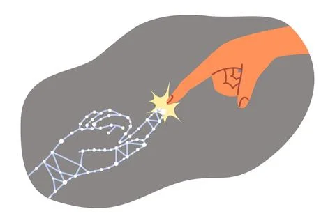 Touch hands of digital and real person symbolizes synergy of cyber universe or Stock Illustration