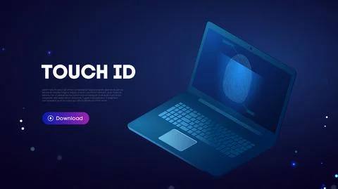 Touch id biometrics. Notebook biometric authentification blue technology Stock Illustration