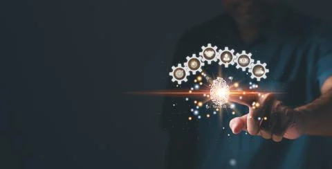 Touch ID login to internet network security technology. Businessman touchin.. Stock Photos