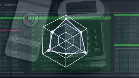 Touch-to-pay prompt starting while wireframe logo animating nodes and edges, Stock Footage 340654552