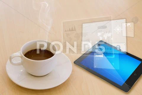 Touch screen device and cup of coffee Stock Illustration