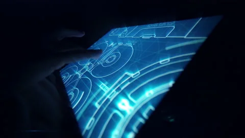 Touch screen display device with information about technical specifications d Stock Footage 168773349