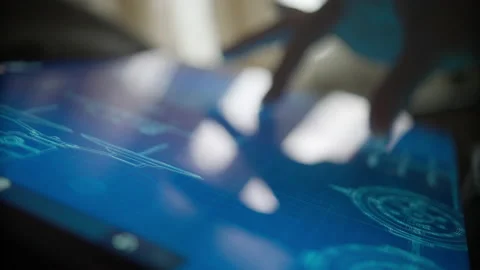 Touch screen display device with information about technical specifications d Stock-Footage 168784257