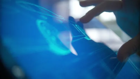 Touch screen display device with information about technical specifications d Stock-Footage 168784624