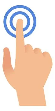 Touch screen hand gesture. Flat man palm with finger presses blue button Stock Illustration