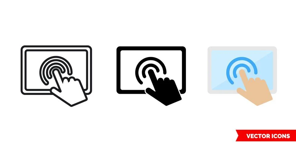 Touch screen icon of 3 types color, black and white, outline. Isolated vector Stock Illustration
