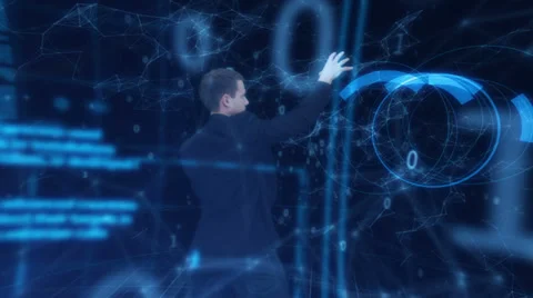 Touch screen interactivity.  Businessman uses futuristic motion device to Vídeo Stock 32721190