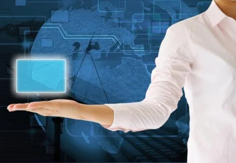 Touch screen interface on woman hand business Stock Photos