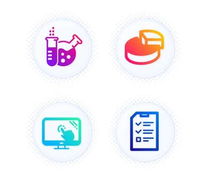 Touch screen, Pie chart and Chemistry lab icons set. Interview sign. Web support Stock Illustration
