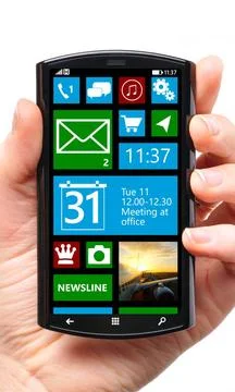 Touch screen smartphone hand is holding a touch screen smartphone with mob... 库存照片